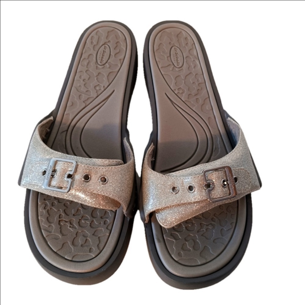 Dr. Scholls Rock On Slide Sandals Womens 10 Gold Silver Glitter Platform